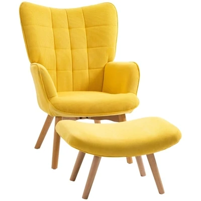 Akzentsessel im Skandidesign, mit Ottomane, Sessel-Set, Buchenholz, Cord-Optik, Gelb
