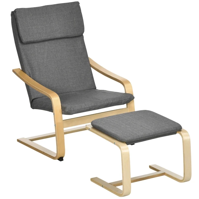 Sessel mit Fusshocker, Sessel-Set, Leinenoptik, Massivholz, Grau + Natur