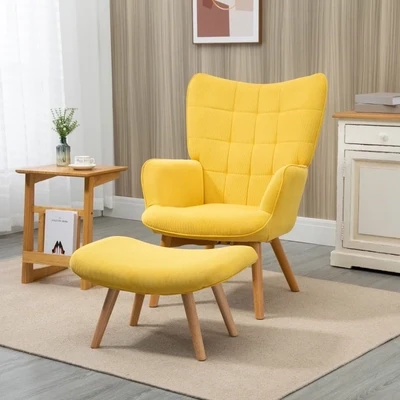 Akzentsessel im Skandidesign, mit Ottomane, Sessel-Set, Buchenholz, Cord-Optik, Gelb