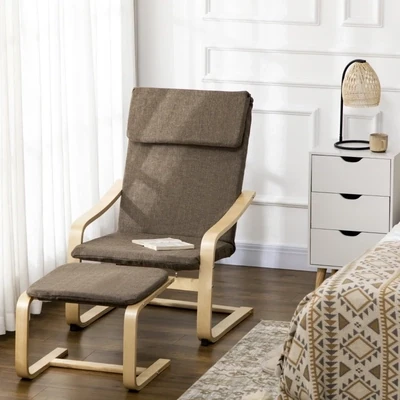 Sessel mit Fusshocker, Sessel-Set, Leinenoptik, Massivholz, Braun + Natur