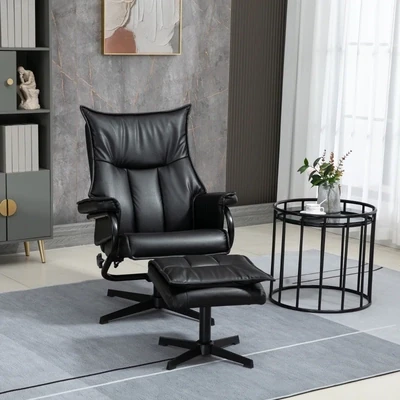Relaxsessel mit Hocker, drehbar, neigbare Rückenlehne, Stahlrahmen, schwarz