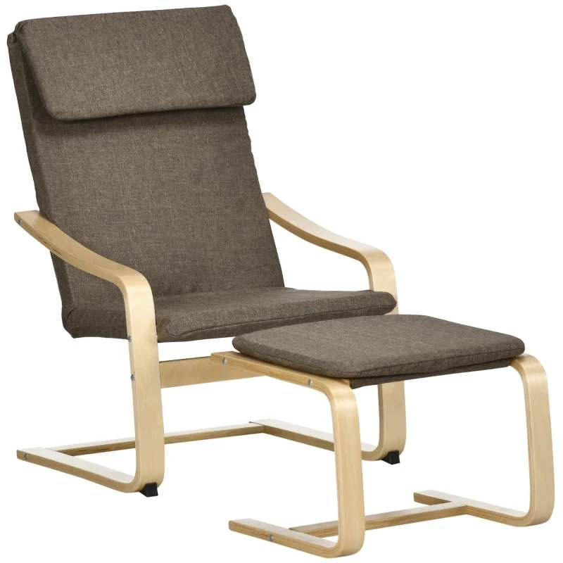 Sessel mit Fusshocker, Sessel-Set, Leinenoptik, Massivholz, Braun + Natur