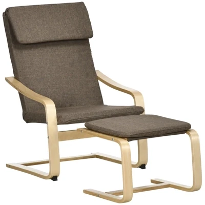 Sessel mit Fusshocker, Sessel-Set, Leinenoptik, Massivholz, Braun + Natur