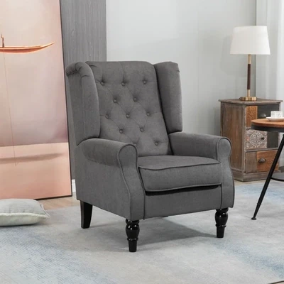 VivaLaCasa Ohrensessel im Vintage-Design, Knopfheftung, Grau + Schwarz – 74B x 86T x 102H cm, Holzbeine, 160 kg