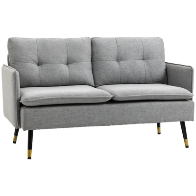 2er-Sofa im Retrodesign, mit Knopfheftung, Couch, Leinenoptik, Hellgrau + Schwarz + Gold