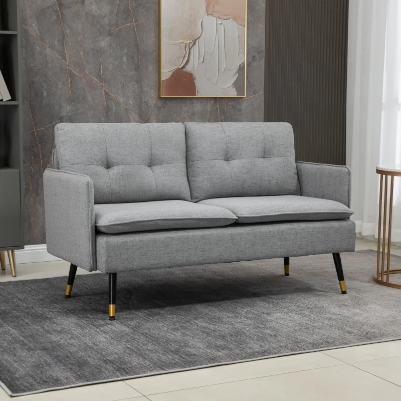 2er-Sofa im Retrodesign, mit Knopfheftung, Couch, Leinenoptik, Hellgrau + Schwarz + Gold