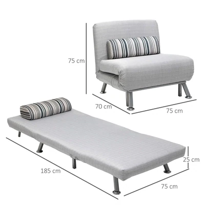 Klappsessel mit Bettfunktion, klappbares Gästebett in Leinenoptik, Verstellbare Rückenlehne, 75 x 70 x 75 cm, Grau