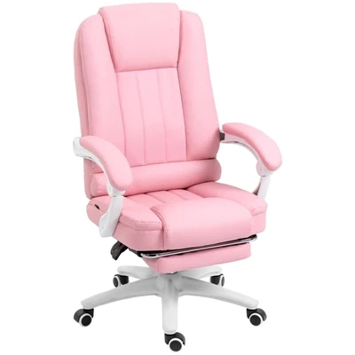 Bürostuhl mit Fussstütze, verstellbare Rückenlehne, höhenverstellbar, 5 Rollen, Rosa + Weiss
