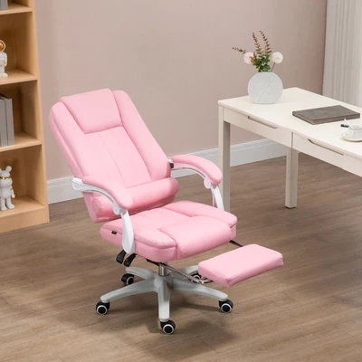 Bürostuhl mit Fussstütze, verstellbare Rückenlehne, höhenverstellbar, 5 Rollen, Rosa + Weiss