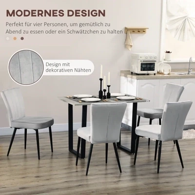4er-Set Esszimmerstühle, Velours-Optik, Hellgrau+ Schwarz
