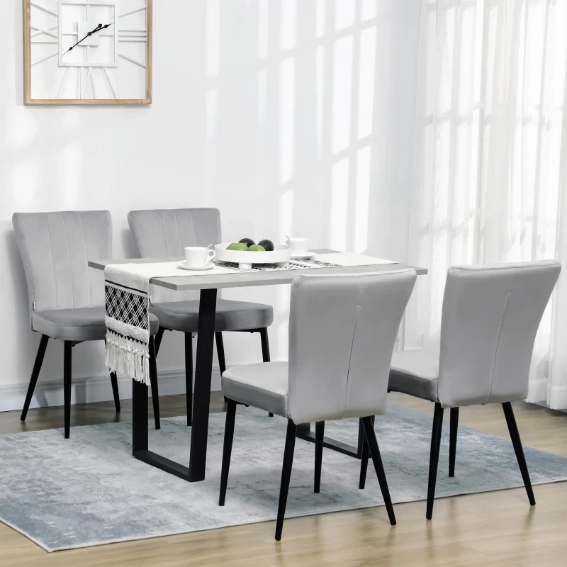 4er-Set Esszimmerstühle, Velours-Optik, Hellgrau+ Schwarz