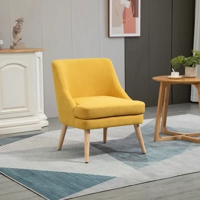 Sessel in Leinenoptik, skandinavischer Loungesessel mit Armlehnen, Gelb – Gummiholzbeine, 63L x 69B x 79,5H cm, 150 kg