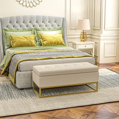 Sitzbank mit Stauraum, dekorative Knopfheftung, Flanelloptik,