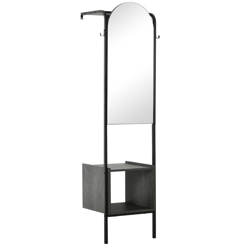 Garderobe, Spiegel, Schuhfach, 2 Kleiderhaken, obere Ablage, Stahlrahmen, schwarz,
