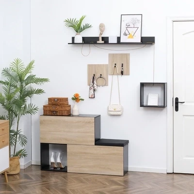 4-in-1 Garderobe inkl. Schuhbank und Wandregal Schwarz + Natur