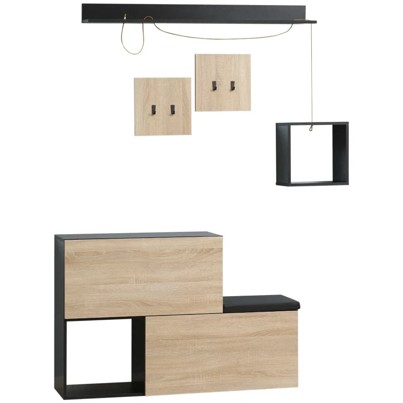 4-in-1 Garderobe inkl. Schuhbank und Wandregal Schwarz + Natur