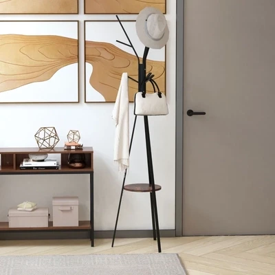 Garderobenständer im Skandidesign, Kleiderständer, 7 Kleiderhaken, Braun
