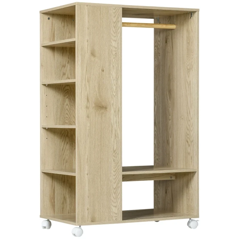 Mobile Garderobe, Garderobenständer, 1 Kleiderstange, 5 Regale, 1 Schuhablage, 4 Rollen, Natur