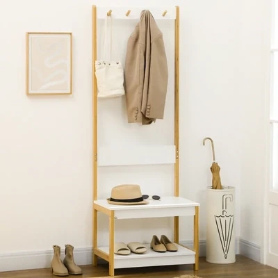 Garderobe mit Schuhbank, 3 Paar Schuhe, 4 Kleiderhaken, MDF + Bambus, Natur + Weiss