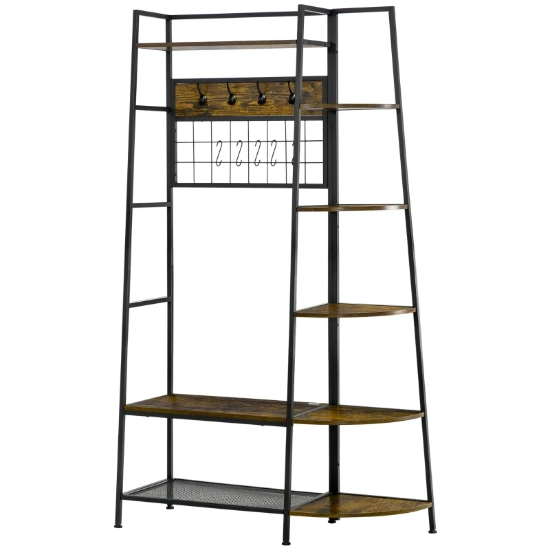 4-in-1 Garderobe im Industrie-Design, Schuhbank, 5 Regale, Schuhablage, Kleiderhaken,