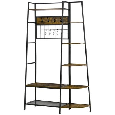 4-in-1 Garderobe im Industrie-Design, Schuhbank, 5 Regale, Schuhablage, Kleiderhaken,