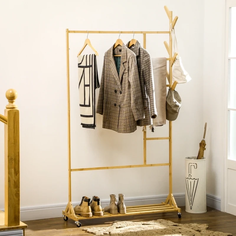 mobile Garderobe auf Rollen, Kleiderhaken, Kleiderstange, , 1 Ablage, Natur