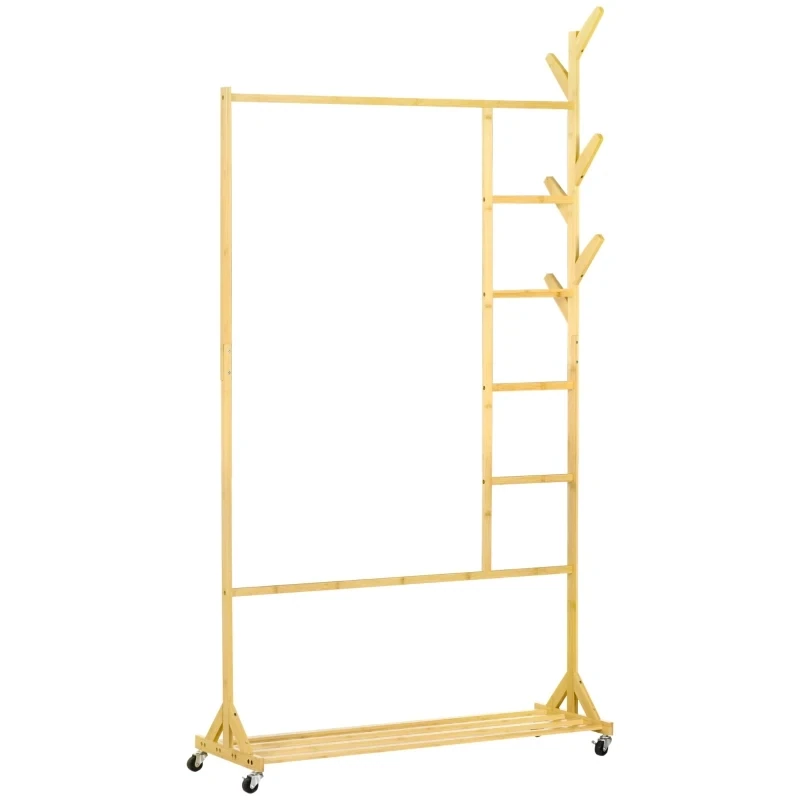 mobile Garderobe auf Rollen, Kleiderhaken, Kleiderstange, , 1 Ablage, Natur