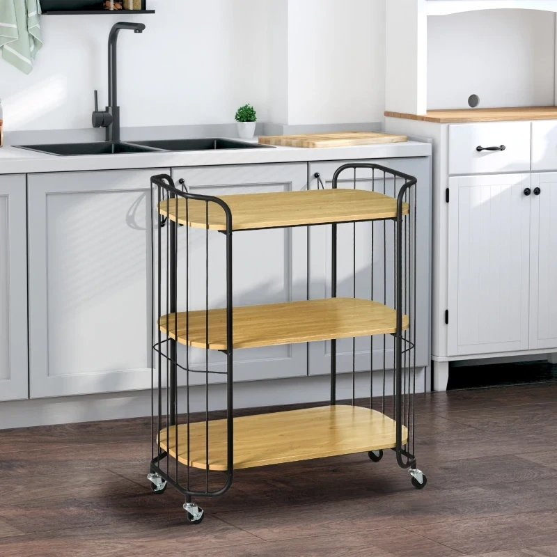 Küchenwagen im Industriedesign, mit 3 Regalen, Mehrzweckwagen, Servierwagen, 4 Räder, Braun + Schwarz