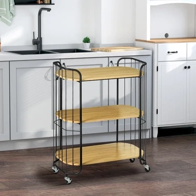 Küchenwagen im Industriedesign, mit 3 Regalen, Mehrzweckwagen, Servierwagen, 4 Räder, Braun + Schwarz