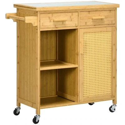 Küchenwagen aus Bambus, Mehrzweckwagen, Servierwagen, 2 Schubladen, 1 Schrank, 2 Regale, Natur