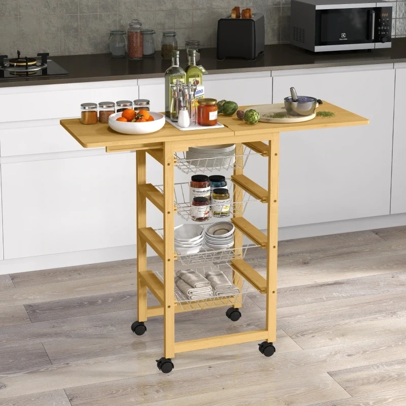 Küchenwagen mit 4 Aufbewahrungskörben, ausziehbarer Tischplatte, 4 Rollen, Bambus, Gemüsehorde Natur