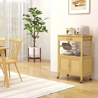 Küchenwagen aus Bambus, Mehrzweckwagen, Servierwagen, 1 Edelstahlkorb, 1 Schublade, 1 Schrank, Natur
