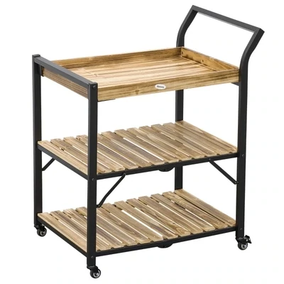 Outdoor-Servierwagen, drei Ebenen, vier Räder, Stahlrahmen, Naturholz, 79 x 50 x 90cm
