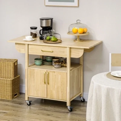 Küchenwagen mit Klapptisch, Beistellwagen, Servierwagen, 1 Schublade, 1 Schrank, Natur