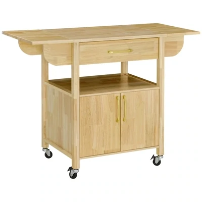Küchenwagen mit Klapptisch, Beistellwagen, Servierwagen, 1 Schublade, 1 Schrank, Natur