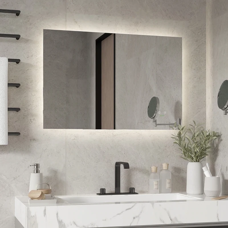 Badezimmerspiegel mit LED-Beleuchtung, Antibeschlag-Funktion, Silber