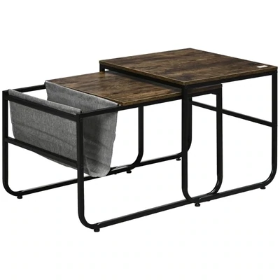 2er-Set Beistelltische im Industriedesign, 1 abnehmbares Ablagefach, stapelbar, Couchtisch, Braun + schwarz