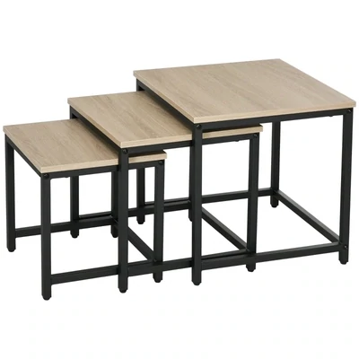 Satztisch-Set aus 3 Beistelltischen, Industrial Design, schwarzer Stahlrahmen, Tischplatte in Holzoptik