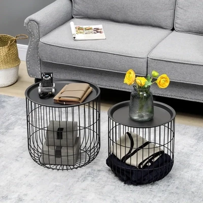 2er-Set Beistelltische im Skandidesign, mit Stauraum, stapelbar, Schwarz