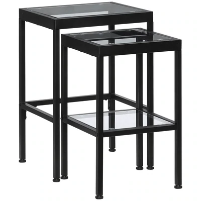 2er-Set Beistelltische, stapelbar, 1 Ablage, Glastisch, Couchtisch, Schwarz