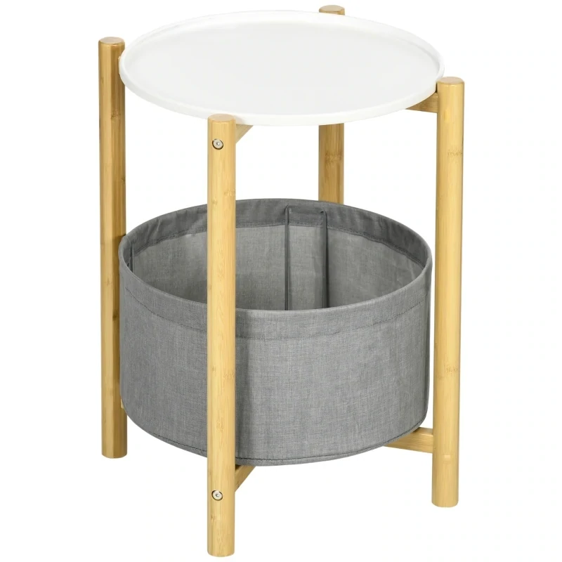 Beistelltisch Bambus mit abnehmbarem Tablett, 1 Aufbewahrungskorb, Weiss + Natur + Grau