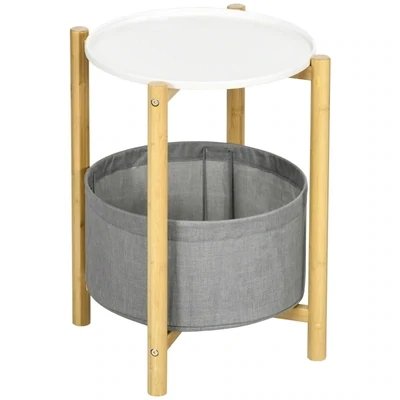 Beistelltisch Bambus mit abnehmbarem Tablett, 1 Aufbewahrungskorb, Weiss + Natur + Grau