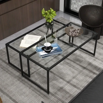 2er-Set Couchtisch, Glastisch, Stahl, Schwarz + Transparent