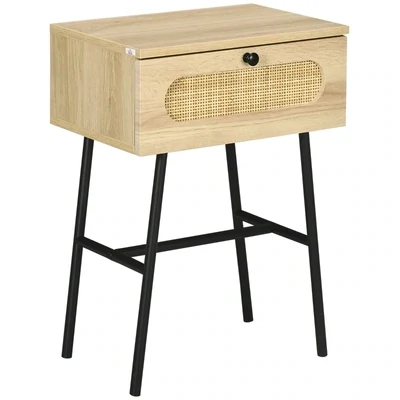 Boho-Style Beistelltisch mit Schublade, Rattandekor, Naturholzoptik, Nachttisch