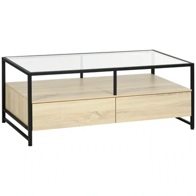 Couchtisch im Moderndesign, 2 Schubladen, 2 Regale, Beistelltisch, Natur, Schwarz