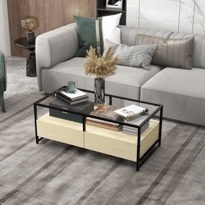 Couchtisch im Moderndesign, 2 Schubladen, 2 Regale, Beistelltisch, Natur, Schwarz