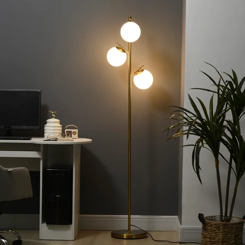 Stehleuchte im Retro-Design, Stehlampe mit 3 Lampenschirmen, Glas, Gold