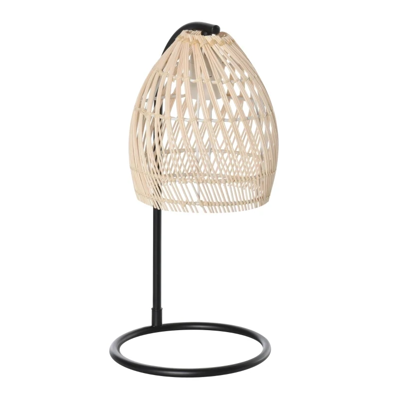 Tischleuchte im Boho-Stil, Lampenschirm aus Rattan, Schwarz + Natur