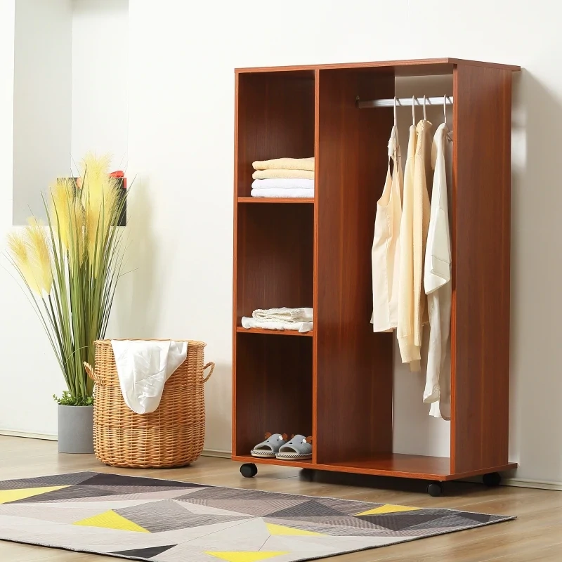 Kleiderschrank auf Rollen, mobile Garderobe, 1 Kleiderstange, 3 Regale, Braun