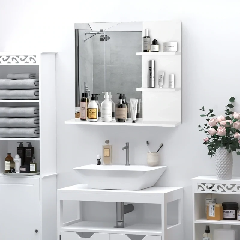 Badspiegel mit 3 Ablagen Wandspiegel Spiegelregal Badezimmer MDF Weiss